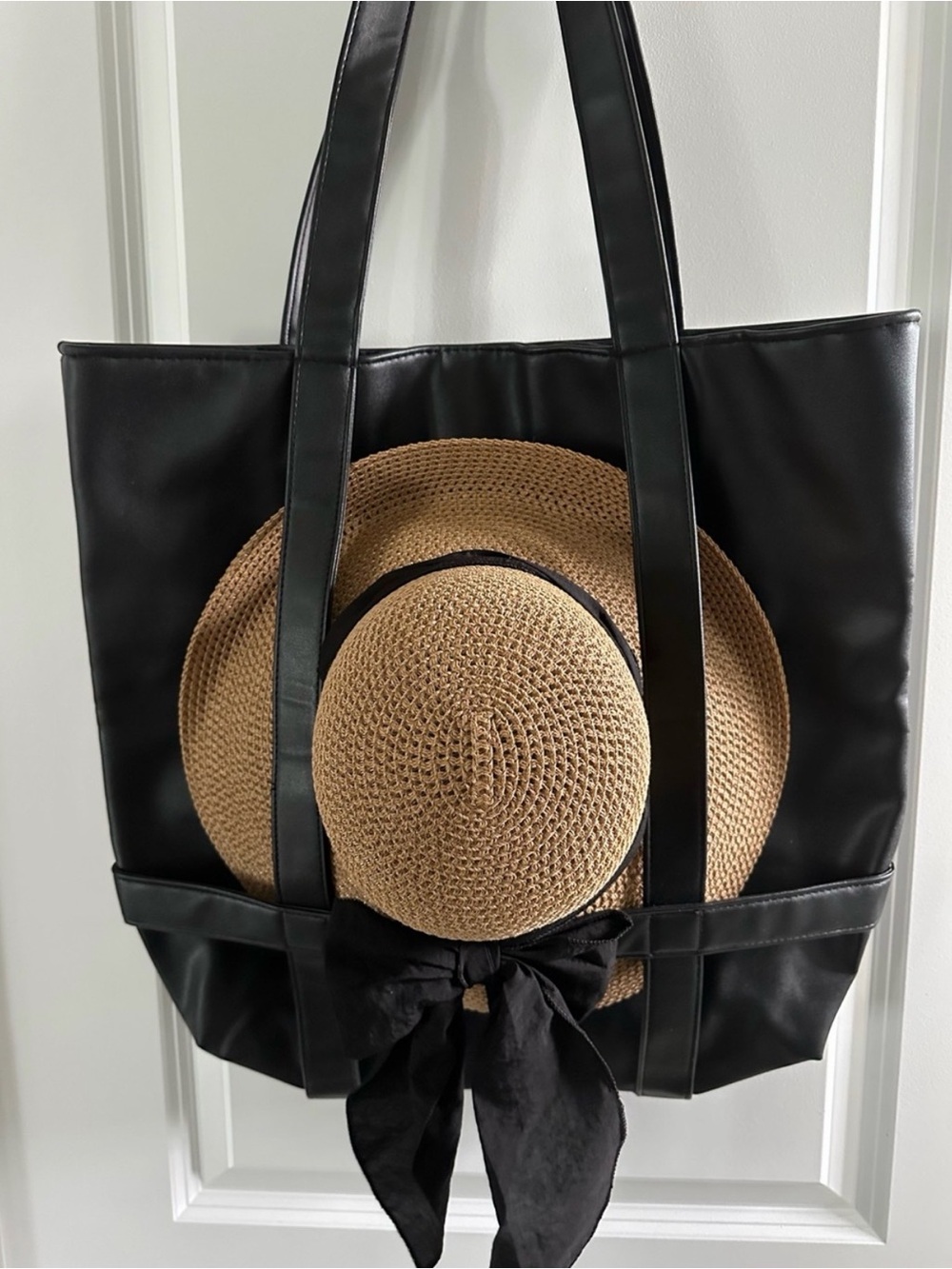 Black Leather Hat Tote Bag